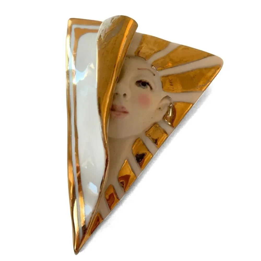 Vintage Artisan Ceramic Lady Face Brooch